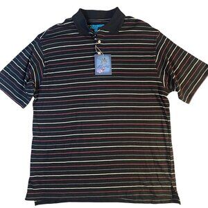Vintage Paradise Blue Mens Striped Polo Shirt L 100% Cotton Black Red & White